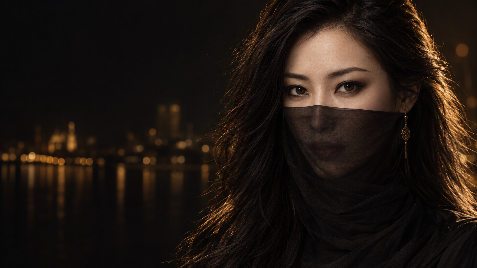 暗金夜色中戴黑色面纱的成年女性,AI 创作氛围人像